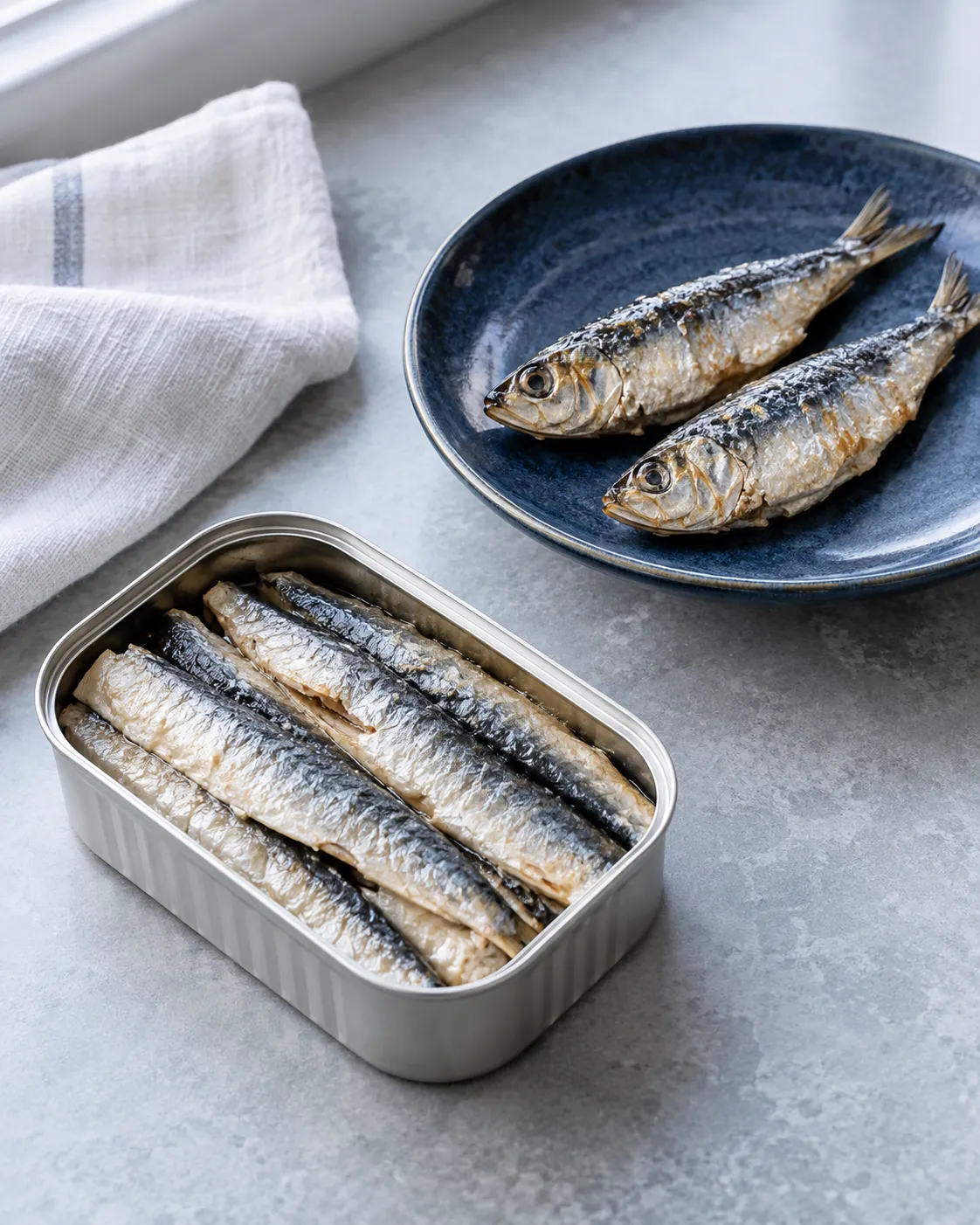 Illustrative sardines in a plain silver tin